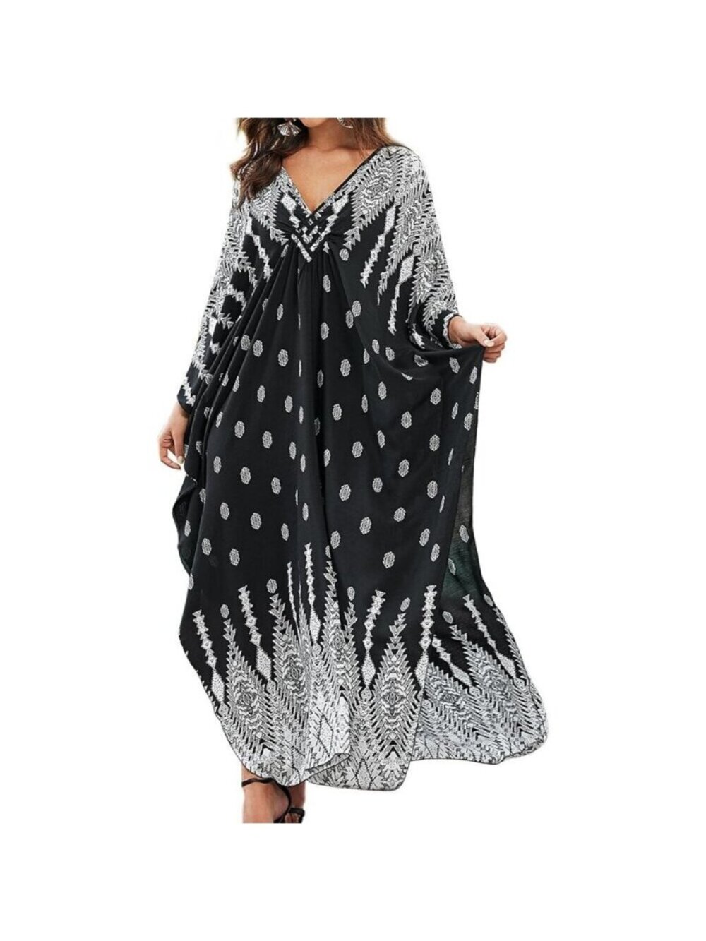 Womens White & Black V-neck Batwing Sleeve Flowy Split Hem Bohemian Kaftan Dress